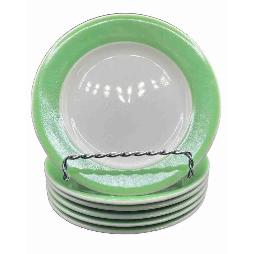 Set Of 6 Homer Laughlin China Lead Free Plates - White w/ Apple Green Trim 5.5”